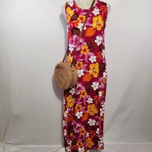 Bali Chic Women's Size Small Tropical Floral Print Sleeveless Maxie Dress Beach